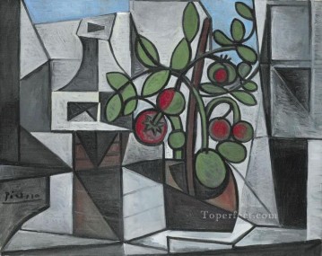 パブロ・ピカソ Painting - デカンタとトマトの木 1944年 パブロ・ピカソ